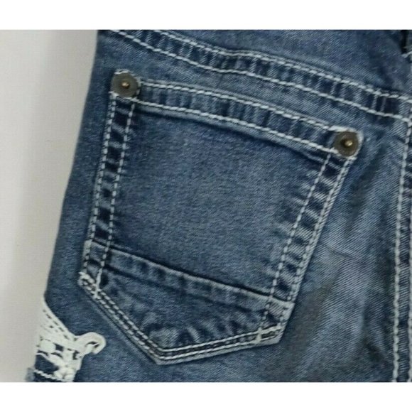 Maurice's Denim Distressed Whiskered Booty Shorts With Crochet Lace Size 1/2 R - Picture 3 of 7